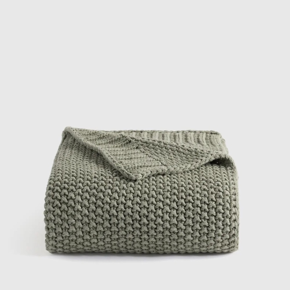 Quince Cotton Fisherman Throw 50x60 Dried Sage Green Organic Knit Blanket